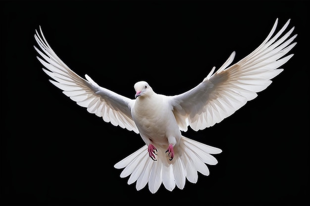 A free flying white dove isolated on a black background