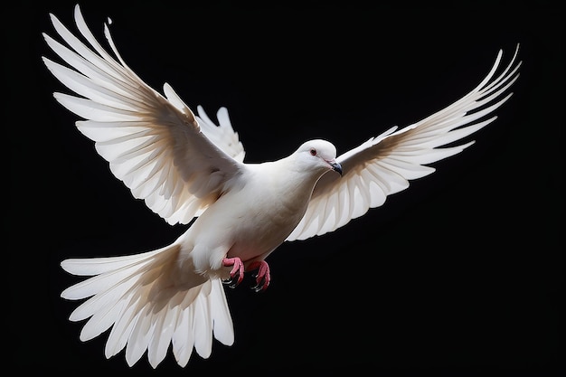 A free flying white dove isolated on a black background