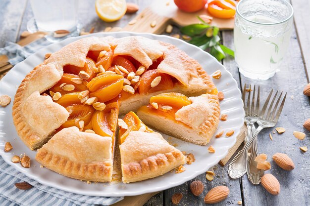 Free form open pie with apricots and almonds