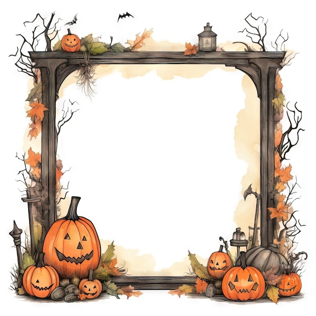 Free frame halloween wood frame for text halloween retro halloween board Ai generated high resolution Halloween illustration on white background
