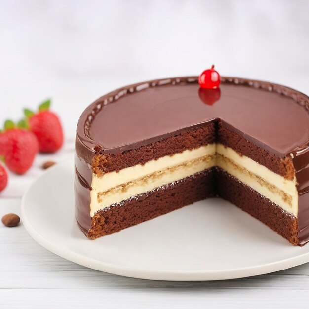 Free front view of delicious cake with copy space Piece of chocolate cake decorated with strawberrie