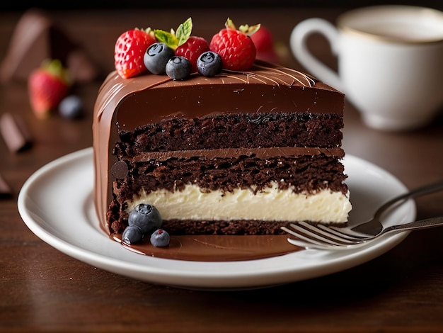 Free front view of delicious cake with copy space Piece of chocolate cake decorated with strawberrie