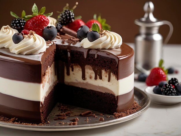 Free front view of delicious cake with copy space Piece of chocolate cake decorated with strawberrie