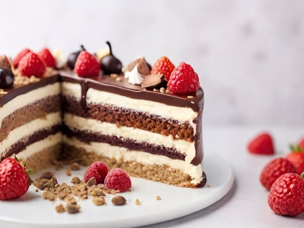 Free front view of delicious cake with copy space Piece of chocolate cake decorated with strawberrie