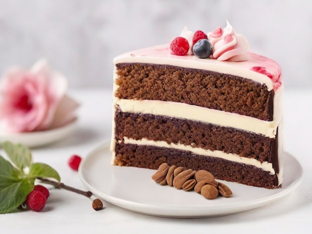 복사 공간이 있는 맛있는 케이크의 자유로운 앞면 전망 딸기로 장식된 초콜릿 케이크 조각