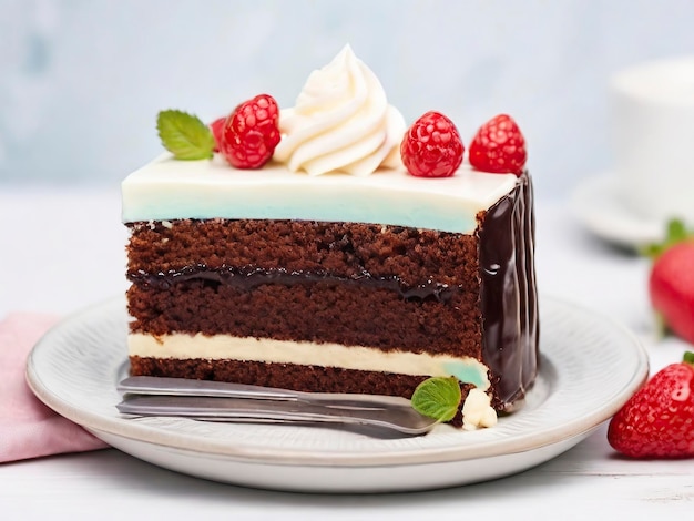 Free front view of delicious cake with copy space Piece of chocolate cake decorated with strawberrie