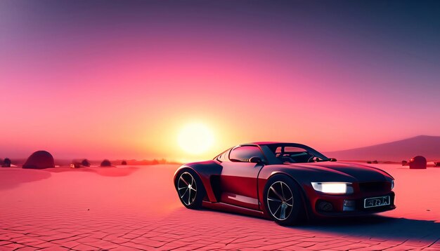 Sports Car In A Futuristic Mountain Sunset Wallpaper 8K