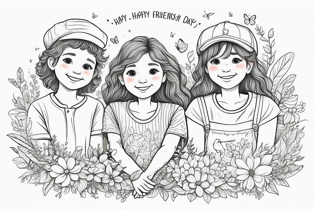 Photo free hand drawn happy friendship day line art vector illustration
