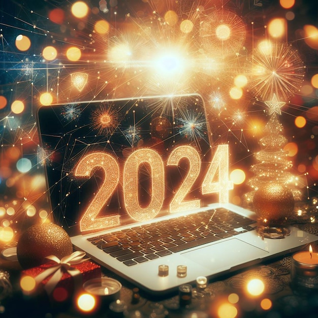 Free Happy New Year Background Within Bokeh Light And 2024 Text Effect Background