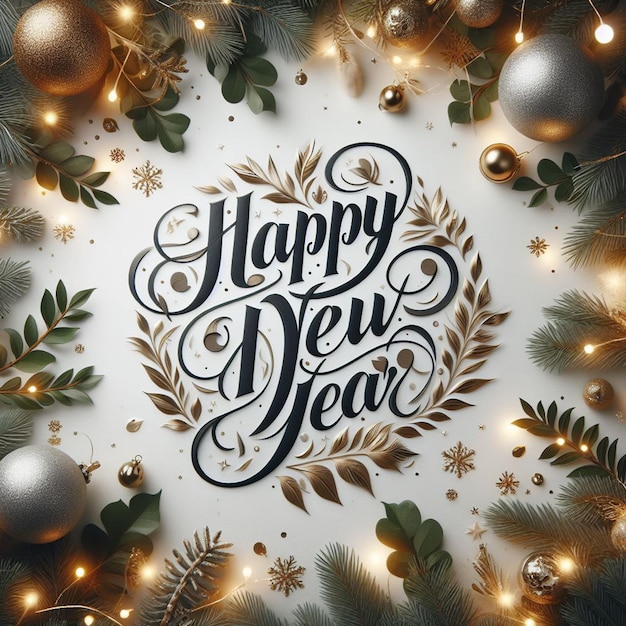 Free Happy New Year Calligraphic Lettering Background Within Decorative Leaves And Lights