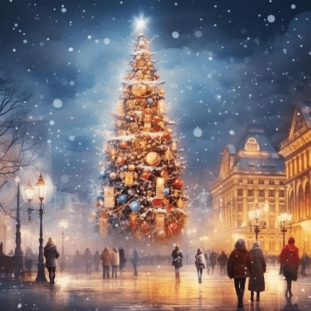 Free image of Christmas tree with decor in the central mist square of the city and people Ai concept