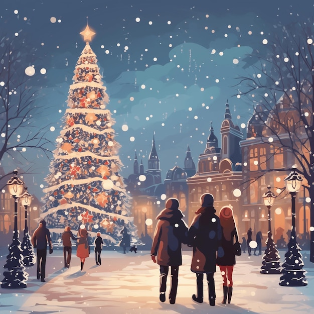 Free image of Christmas tree with decor in the central square of the city and people Ai concept