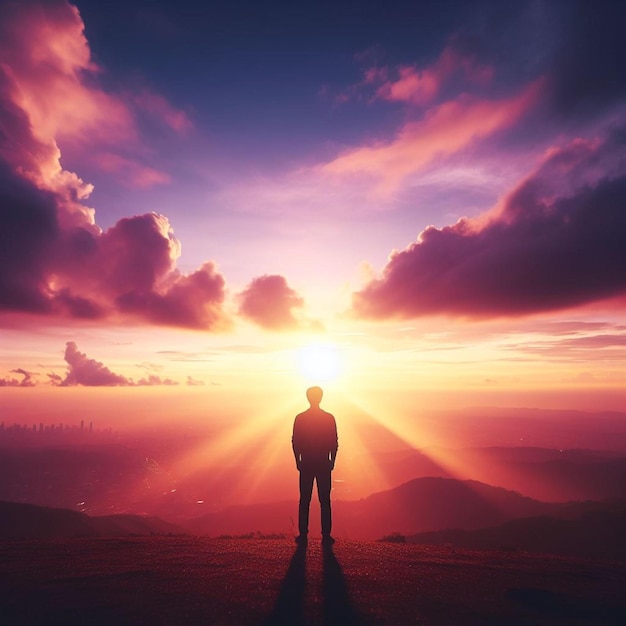 free image a man stands on a hill with the sun behind him