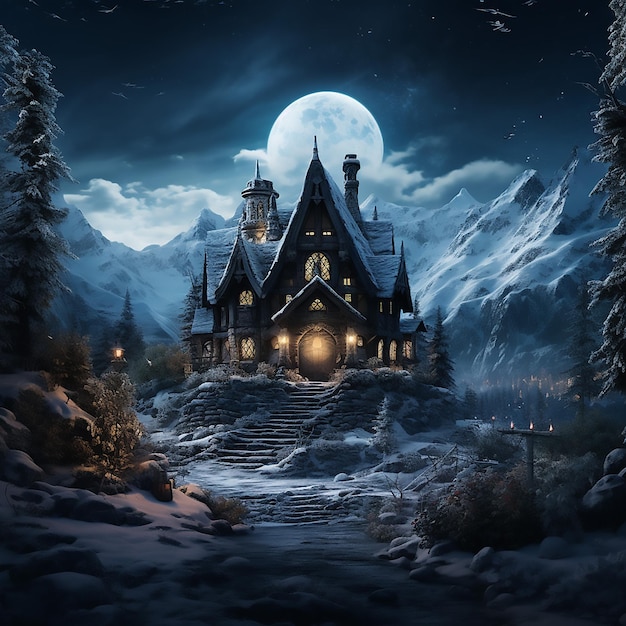 Free image Snow House 3D Rendering in Black Background Winter Wonderland Concept for Creative Proj