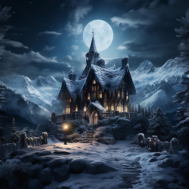 Free image Snow House 3D Rendering in Black Background Winter Wonderland Concept for Creative Proj