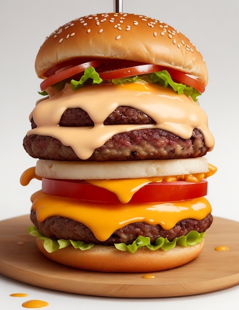 Free Isolated Burger with a Medley of Ingredients and Splashes of Savory Sauce on White Background