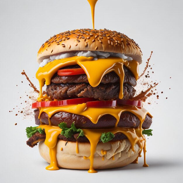 Free isolated burger with a medley of ingredients and splashes of savory sauce on white background