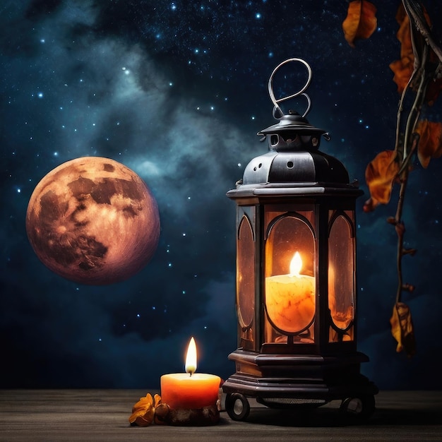 free Lantern with burning candle and night sky with waning crecent moon background