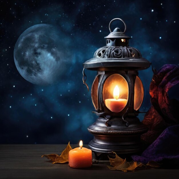 free Lantern with burning candle and night sky with waning crecent moon background