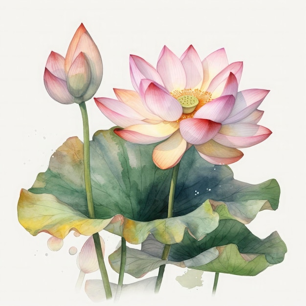 Free lotus flowers water color pastel white background generat ai