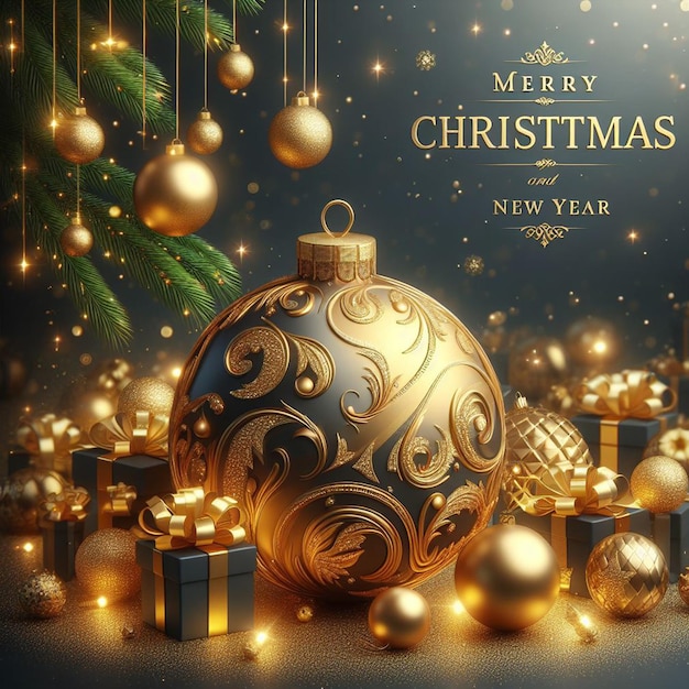 Бесплатное Счастливого Рождества и Нового года Реалистичный фон с 3D золотым шаром
