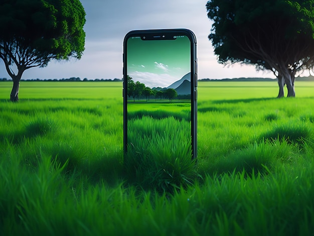 Photo free mobile standing on a grassy plot in vertical shape ai generated