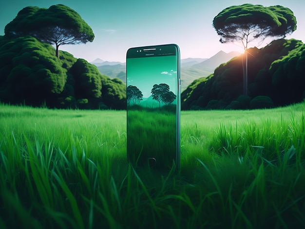 Free mobile standing on a grassy plot in vertical shape ai generated