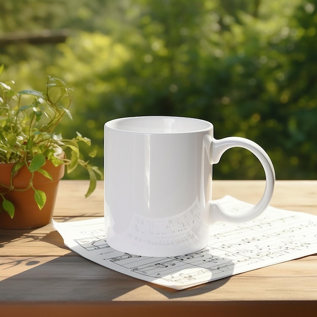 Free mockup 11oz mug on the wooden table and sheet music notes