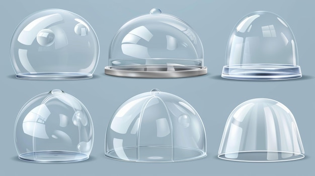 グラスなプラスチックの保護用バブルシールドの無料の現代的なイラストセット - ボールと円筒の形状のグラスなプレスチック保護用バブルのシールドの現実的な現代的なイラクションセット