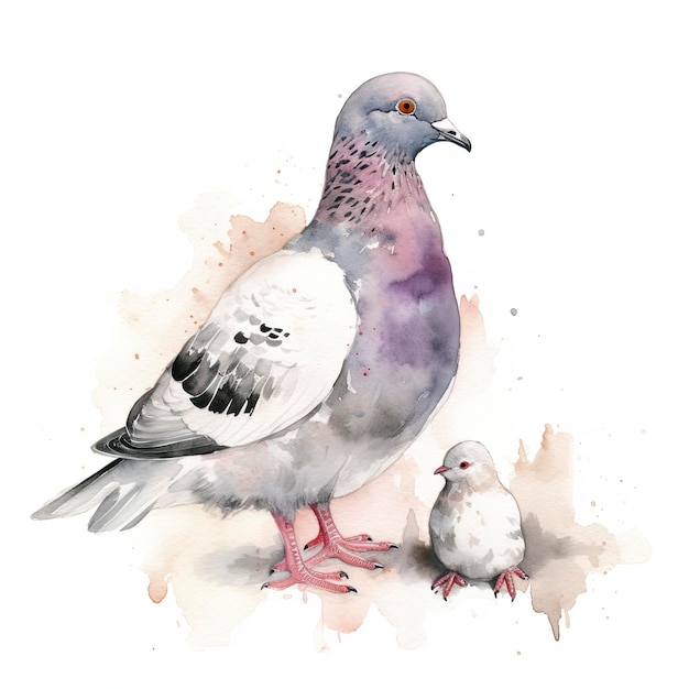 Free mother pigeon with pigeon child water color pastel white background generat ai