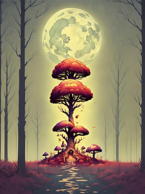 버섯 나무와 함께 자유로운 자연 풍경 장면 배경 생성 AI