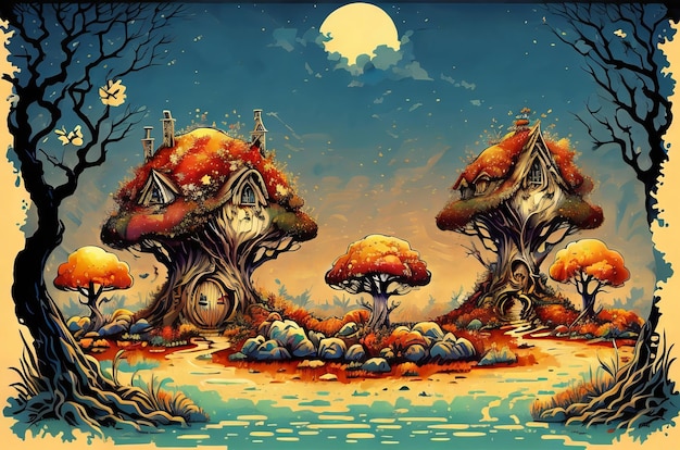 Free nature landscape scene background with mushroom tree Generative AI