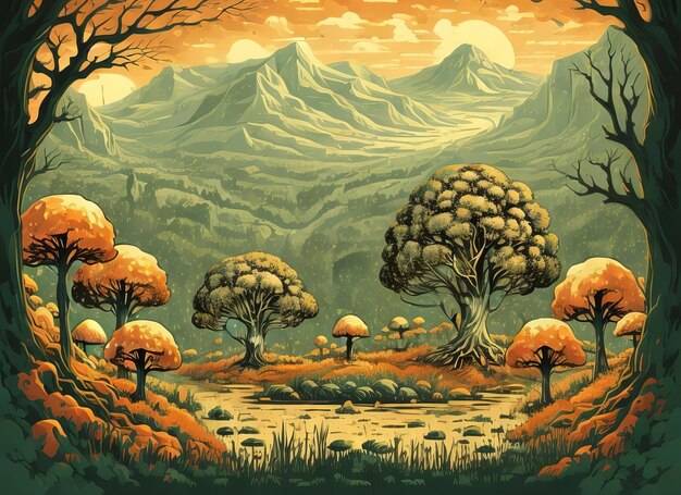 Free nature landscape scene background with mushroom tree Generative AI