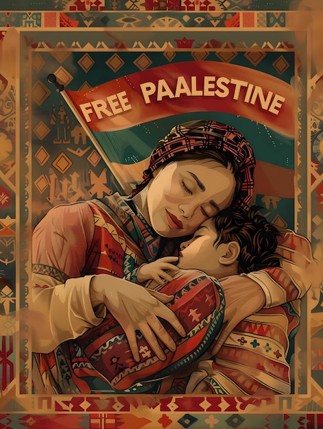 Photo free palestine save gaza mother embraces child in palestine flag crying for freedom
