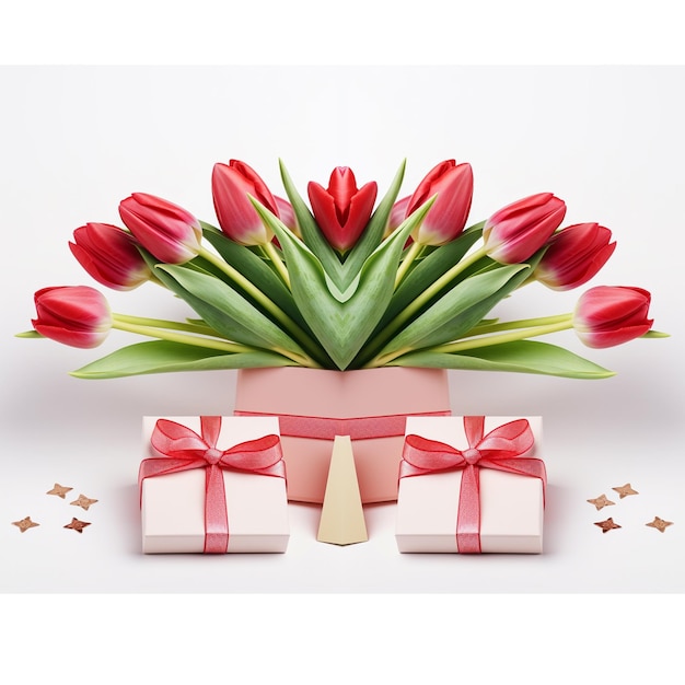 Free phot Beautiful composition red tulips with card and gift box png white background