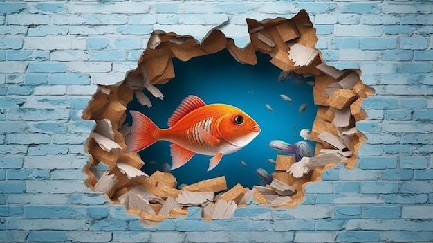벽에 3d 렌더링된 물고기의 무료 사진