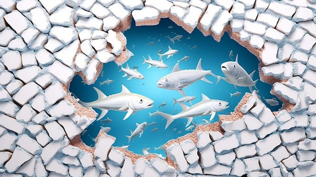 a free photo of 3d rendered fish on the wall