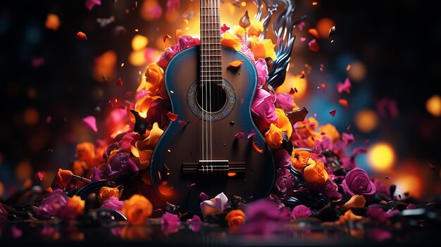 Photo a free photo of 3d rendered violin with vivid colors and fire