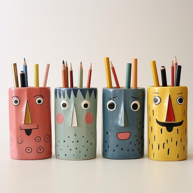 Free photo of Abstract pencil holders with faces on white background