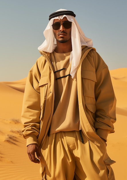 무료 사진 사막에 서있는 아랍인 남자가 선글라스를 착용하고 있습니다.