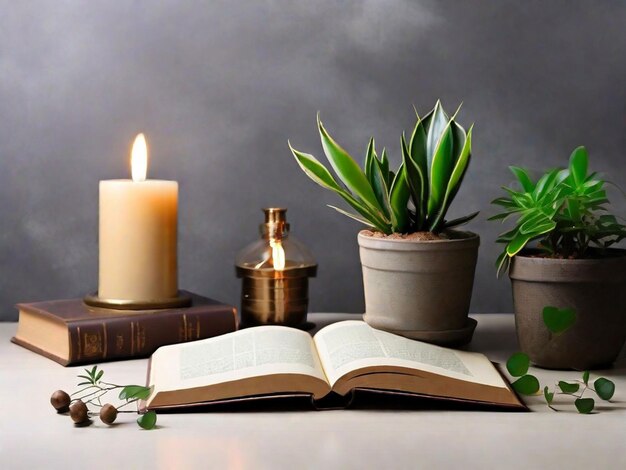 Free photo arrangement with book and plants