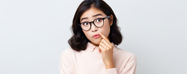 Free photo asian girl in glasses thinks holds pen