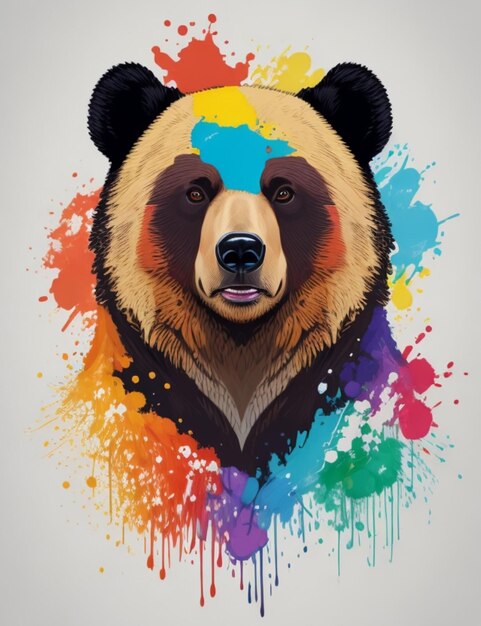 Бесплатный дизайн футболки с иллюстрацией медведя с красочными акварельными кистями