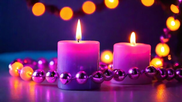 Free photo beautiful burning candle and garlands with neon lighting generated by ai