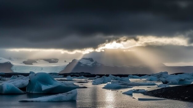 Красивая ледниковая лагуна йокульсарлон в исландии с солнечными лучами из темного облачного неба на телефон бесплатное фото