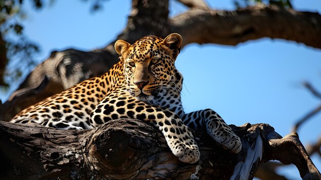 Free photo beautiful shot of a lazy leopard resting on the tree with a blurred background