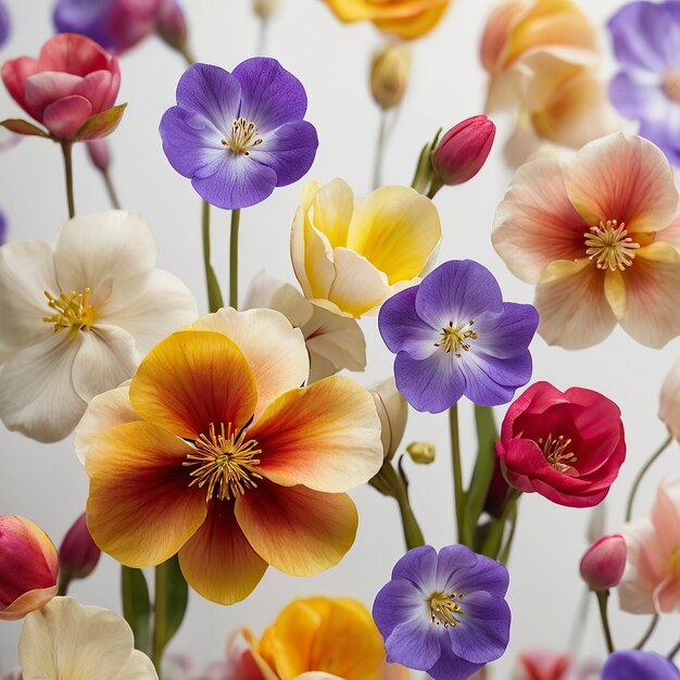 Foto foto gratuita bellissimi fiori primaverili su sfondo bianco vista superiore modello floreale