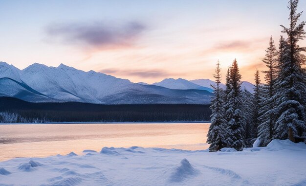 Free Photo Beautiful winter landscape with snow covered mountains and lake at sunset