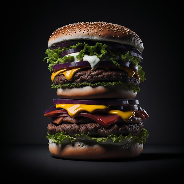 бесплатное фото большой сэндвич, гамбургер, гамбургер с говядиной, красным луком, помидорами и жареным беконом