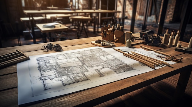 Free photo building blueprints on table